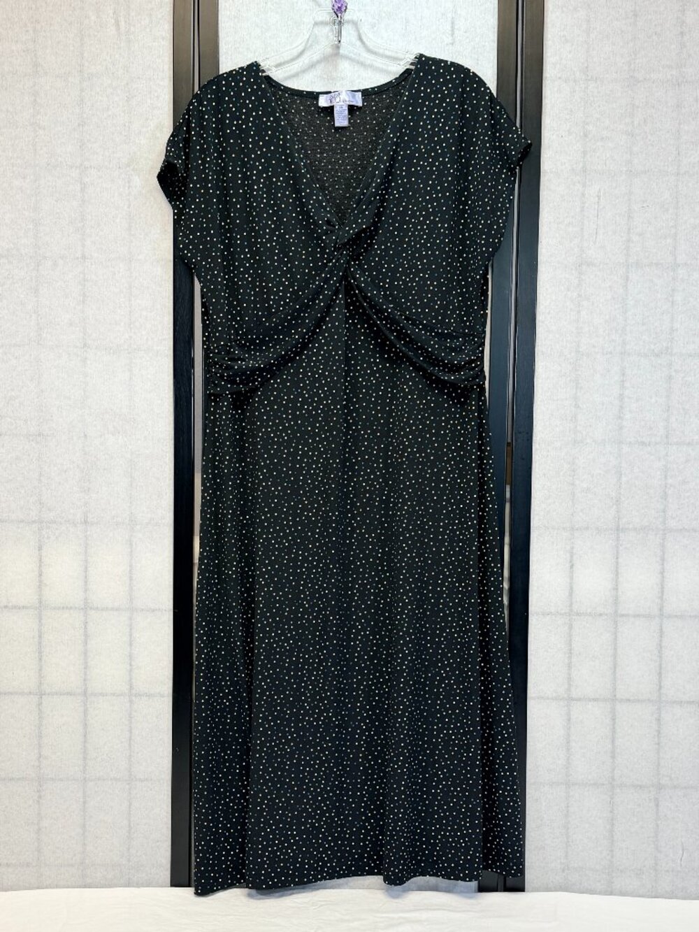 Nine & Co Polka Dot Twisted V Neck Drape Waist Midi Dress XL Cap Sleeve Black
